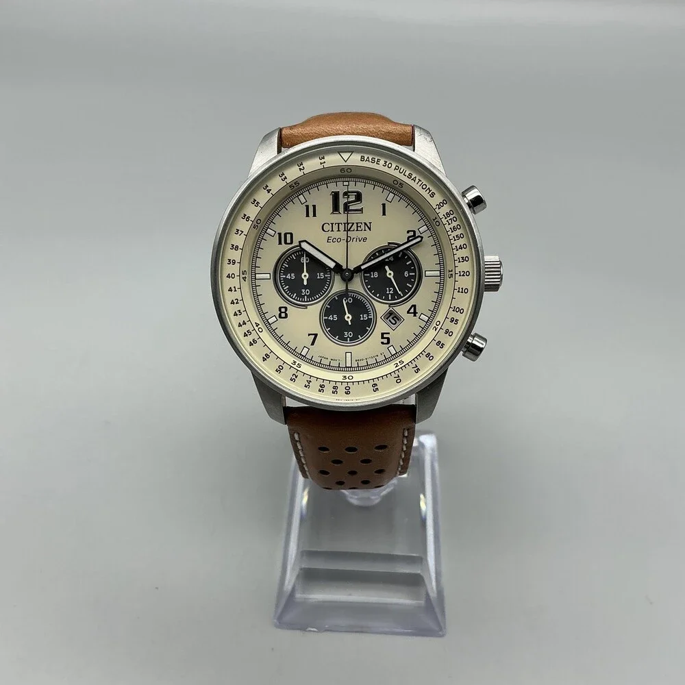 Citizen Eco-Drive Weekender Men Watch 44mm Silver Tone Brown Leather Chronograph